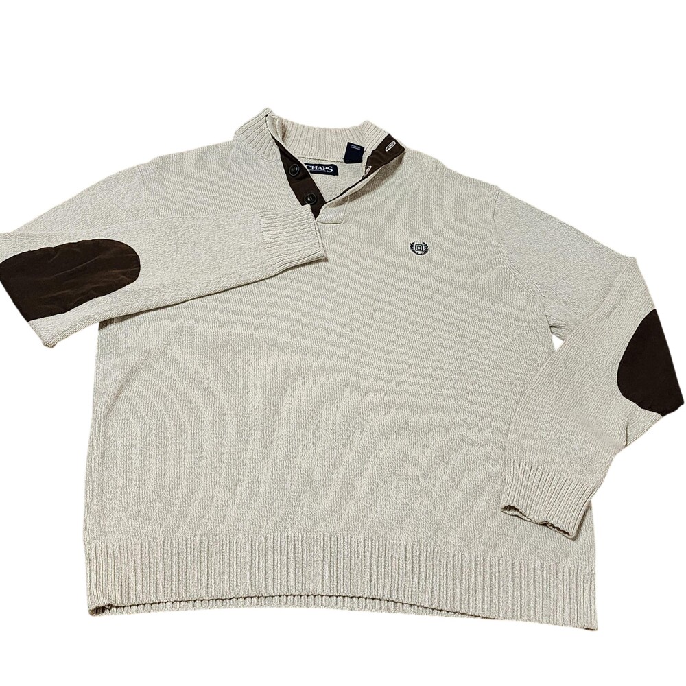 Chaps Sweater Mens Large Beige Henley Mock Neck Elbow Patch Knit Pullover